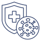 Shield icon with a cross and virus icon on a white background