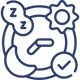 Icon with sleep-related symbols including a moon, stars, and a check mark on a white background