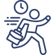 Icon of a person running with a briefcase and a clock above, symbolizing time management or urgency.