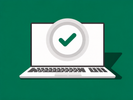 A stylized laptop on a solid green background, with a white screen showing a green checkmark inside a circular icon.