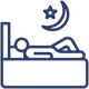 Navy blue icon of a person sleeping on a bed with a star and moon above.
