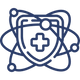 Navy blue icon of a shield with a cross inside, surrounded by circular lines on a white background