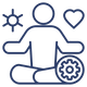 Outline of a person with a gear, heart, and sun symbol above them on a white background