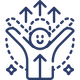Blue icon of a person with arms outstretched and smiley face, surrounded by arrows and stars on a white background.
