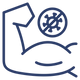 Outline of a hand holding a shield with a virus symbol crossed out, indicating protection against the virus.
