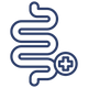 Navy blue icon of a digestive system with a plus sign on a white background