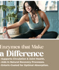 Woman sitting in a yoga pose with text about enzymes on a beige background