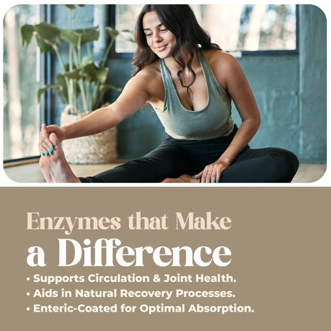 Woman sitting in a yoga pose with text about enzymes on a beige background