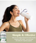 Woman drinking from a white bottle with a supplement container labeled 'Nutrizyme' below.