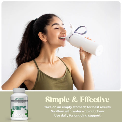 Woman drinking from a white bottle with a supplement container labeled 'Nutrizyme' below.