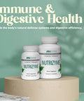 Two bottles of Nutrizyme dietary supplements on a wooden stand with a green background.