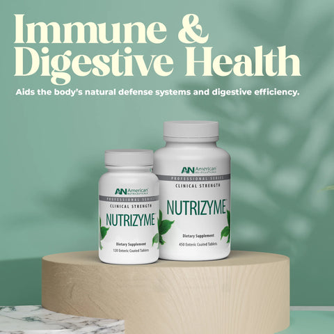 Two bottles of Nutrizyme dietary supplements on a wooden stand with a green background.