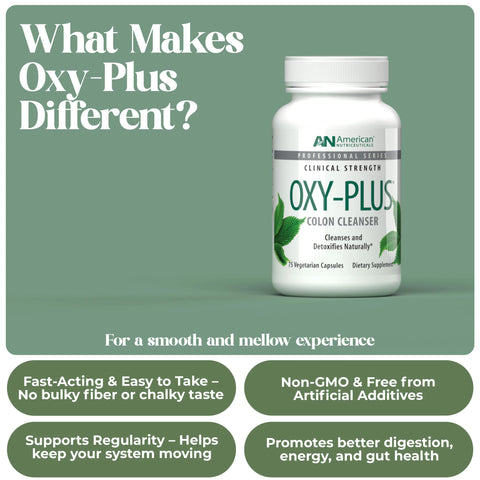 Oxy-Plus colon cleanser bottle with features listed on a green background