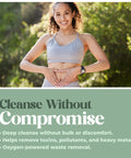 Woman in athletic wear standing outdoors with text about a cleanse product.