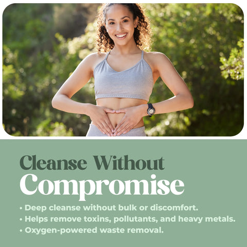 Woman in athletic wear standing outdoors with text about a cleanse product.