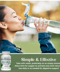 Woman drinking water outdoors with OXY-PLUS supplement bottle displayed below.