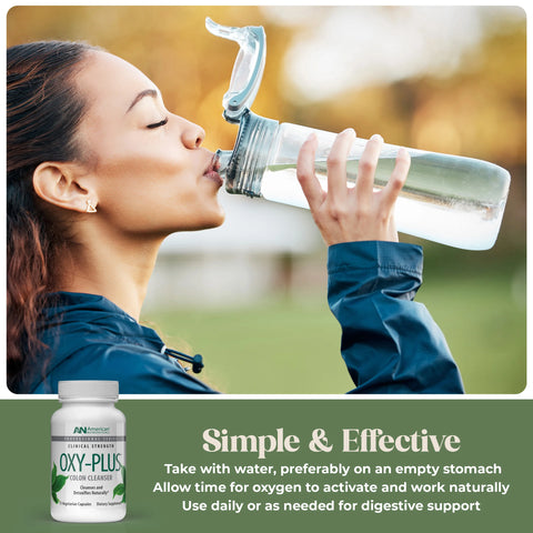 Woman drinking water outdoors with OXY-PLUS supplement bottle displayed below.