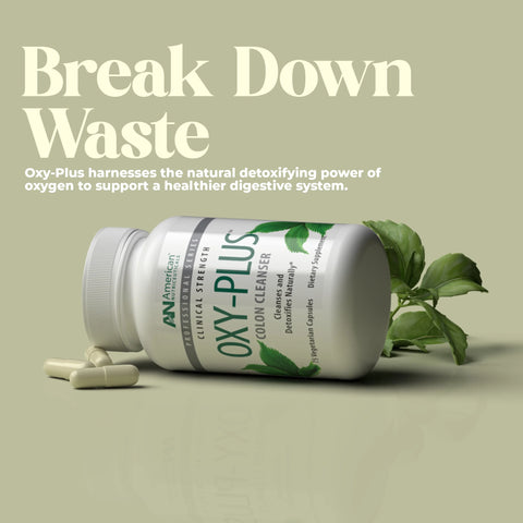 OXY-PLUS colon cleanser bottle with capsules and green leaves on a beige background