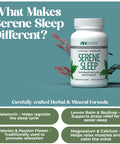 Serene Sleep supplement bottle with product details on a teal background