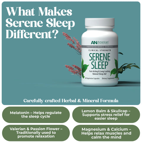 Serene Sleep supplement bottle with product details on a teal background