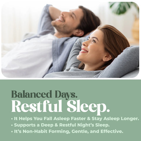 Couple lying on a couch with text about restful sleep