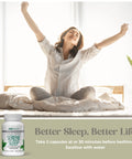 Woman waking up with arms outstretched, Serene Sleep supplement bottle on a light green background