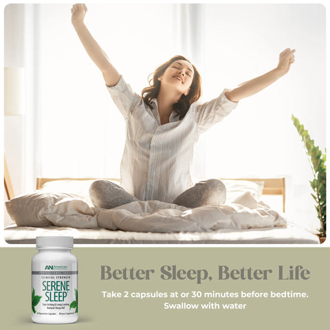 Woman waking up with arms outstretched, Serene Sleep supplement bottle on a light green background