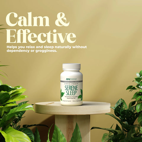 Supplement bottle labeled Serene Sleep on a wooden stand with greenery and text about its effects.