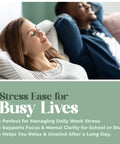 Woman relaxing on a couch with text about stress relief for busy lives.