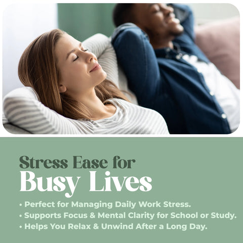 Woman relaxing on a couch with text about stress relief for busy lives.