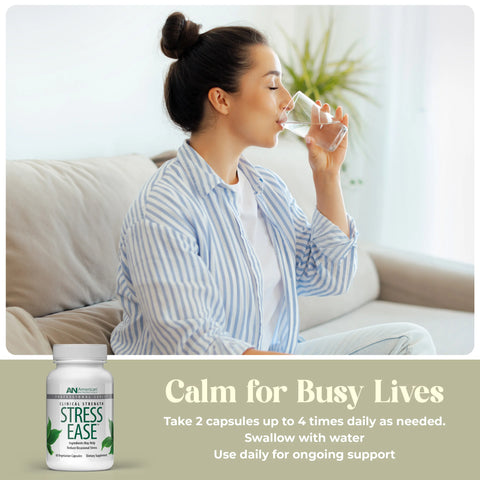 Woman drinking water with a supplement bottle labeled Stress Ease below.