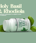 Supplement bottle labeled Stress Ease with holy basil and rhodiola on a green background