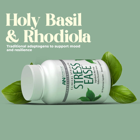 Supplement bottle labeled Stress Ease with holy basil and rhodiola on a green background