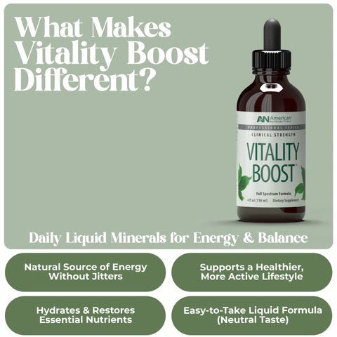 Vitality Boost supplement bottle with text on a green background