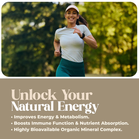 Woman running outdoors with text about unlocking natural energy