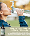 Woman drinking from a large bottle with a bottle of 'Vitality Boost' supplement shown below.