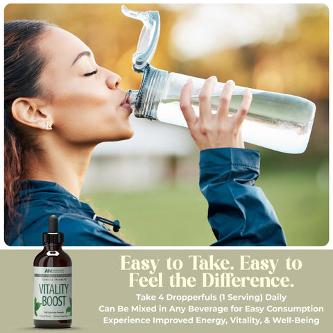 Woman drinking from a large bottle with a bottle of 'Vitality Boost' supplement shown below.
