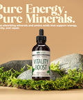 Vitality Boost supplement bottle with text on a natural background