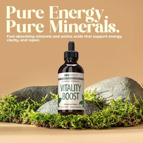 Vitality Boost supplement bottle with text on a natural background