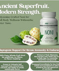 Ancient Superfruit Noni dietary supplement bottle by American Nutriceuticals, shown alongside fresh noni fruit and a cut open noni fruit on a sage green background with informational text.