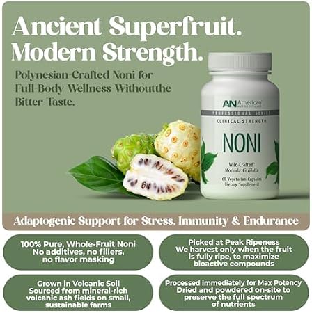 Ancient Superfruit Noni dietary supplement bottle by American Nutriceuticals, shown alongside fresh noni fruit and a cut open noni fruit on a sage green background with informational text.