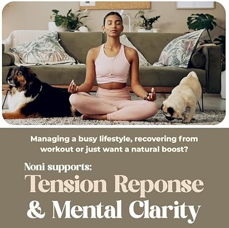 A woman in a pink sports bra and leggings sits cross-legged in a yoga pose in a living room, with two dogs beside her. Below the photo is text reading, 'Managing a busy lifestyle, recovering from workout or just want a natural boost? Noni supports: Tension Reponse & Mental Clarity.