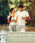 A lifestyle advertisement showing a man and a woman jogging arm-in-arm in a sunlit forest, with a supplement bottle labeled NONI at the bottom left and text reading 'Your Daily Routine Made Easy' and usage suggestions.