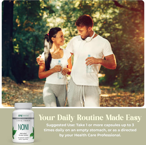 A lifestyle advertisement showing a man and a woman jogging arm-in-arm in a sunlit forest, with a supplement bottle labeled NONI at the bottom left and text reading 'Your Daily Routine Made Easy' and usage suggestions.