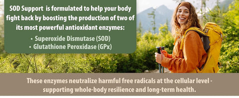 Person in outdoor setting with text about SOD support and antioxidant enzymes