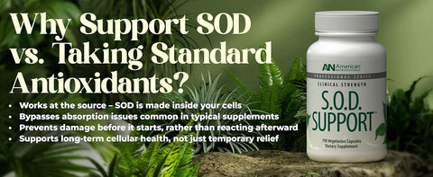 SOD Support supplement bottle with text about its benefits on a green natural background