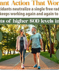 Two people walking on a path with text about SOD benefits and antioxidant action.