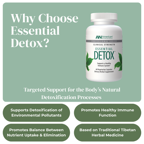 American Nutriceuticals Essential Detox supplement bottle with promotional text on a green background