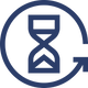 Blue hourglass icon with a circle around it on a white background
