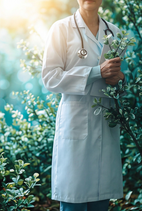Person in a white coat holding a plant in a natural setting